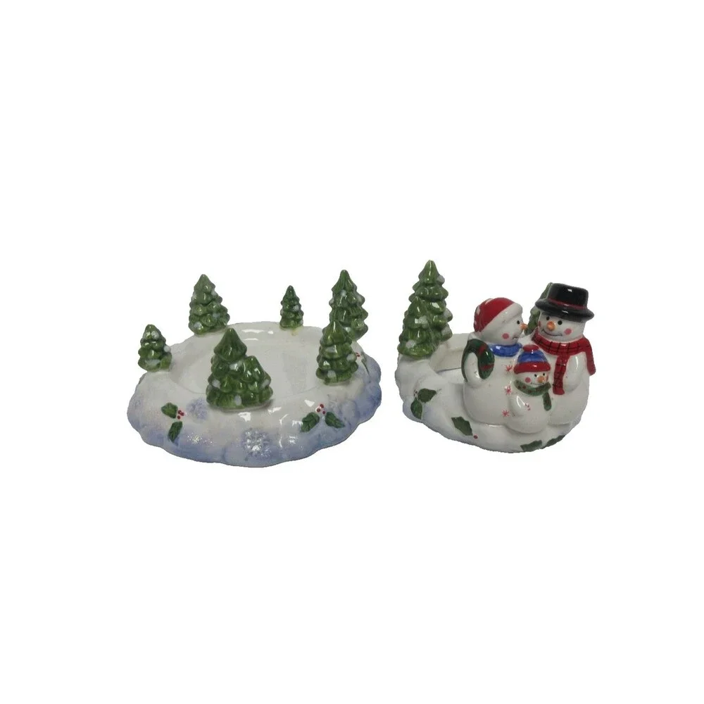 NEW HOME INTERIORS 2 PIECE SNOWMAN DECORATIVE CANDLE JAR TOPPER & BASE HOLDER
